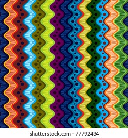 Geometric wavy lined and dotted modern art seamless pattern. Vector abstract repeat background. Bright and multicolored, useful and positive.