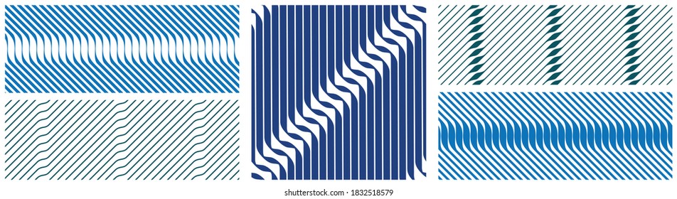 Geometric wavy lines seamless pattern vector set, 3D dimensional endless background wallpaper design image collection, stripy curved tillable texture.