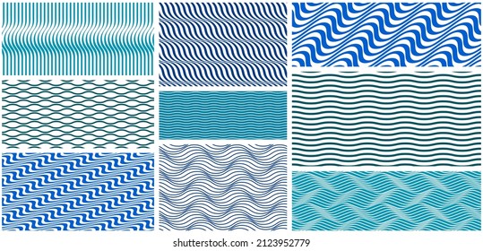 Geometric wavy lines seamless pattern vector set, 3D dimensional endless background wallpaper design image collection, stripy curved tillable texture.