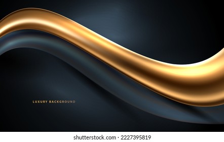 Geometric wavy shapes black in blue tone luxury background with elegant golden wave pattern. Modern glow vector gold layout design.