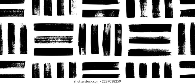 Geometric weave seamless pattern. Hand drawn seamless banner with straight brush strokes. Grunge vector abstract ornament. Repeating geometric irregular black and white woven lines. Basket texture.