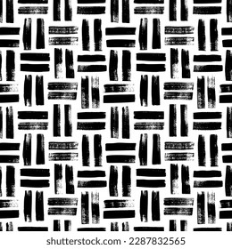 Geometric weave seamless pattern. Hand drawn straight brush strokes, vertical and horizontal lines. Grugne vector abstract ornament. Geometric irregular monochrome woven lines. Basket texture.