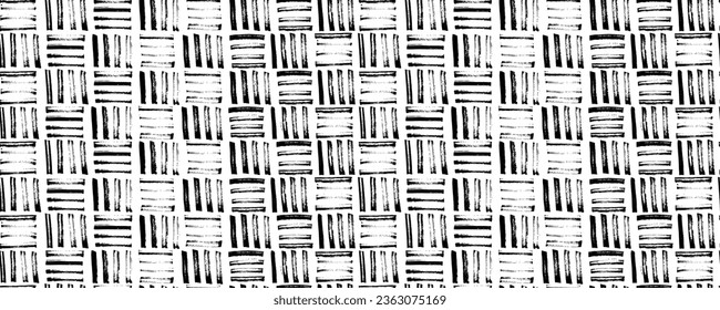 Geometric weave seamless pattern. Hand drawn seamless banner with straight brush strokes. Grunge vector abstract ornament. Repeating geometric irregular black and white woven lines. Basket texture.