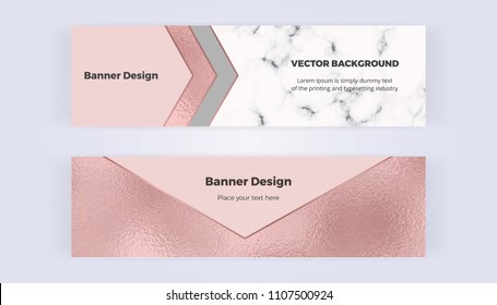 Geometric web banners with pink foil triangles. Modern luxury and fashion design with marble texture. Horizontal template for business, card, flyer, invitation, social media.
