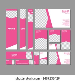 Geometric web banners templates, standard sizes with space for photo, pink and white modern design