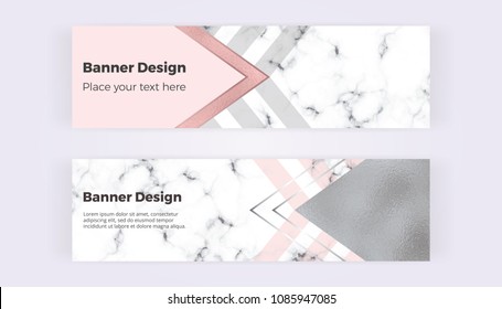 Geometric web banners with triangles, foil and marble texture. Modern luxury and fashion design with lines. Horizontal template for business, card, flyer, invitation, social media, wedding, invite
