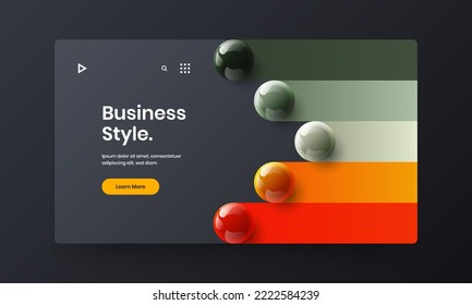 Geometric website screen vector design template. Multicolored realistic balls corporate identity layout.