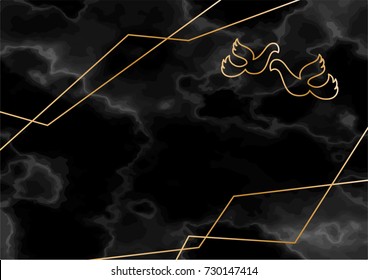 Geometric wedding invitation, black marble texture, background in trendy minimalistic style, pigeon silhouette, granite, gold frame, vector fashion wallpaper,  poster, cover