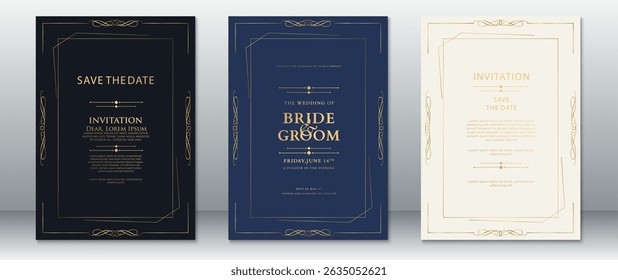  Geometric wedding invitation card set with luxurious golden line borders on black, navy blue, and cream backgrounds. Perfect for elegant events, save the date, and formal wedding announcements.
