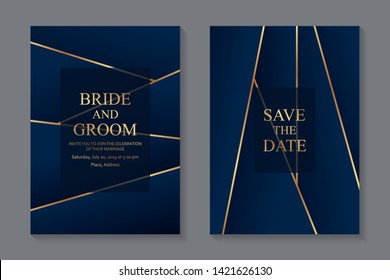 Geometric wedding invitation design or greeting card templates with golden lines on a dark blue background.