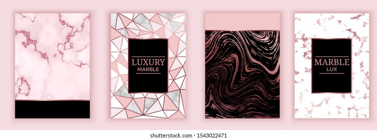 Geometric wedding invitation, marble texture, background in trendy minimalistic style, pigeon silhouette, granite, gold rose glitter, frame, vector fashion wallpaper,  poster, cover