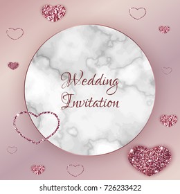 Geometric wedding invitation, marble texture, background in trendy minimalistic style,heart silhouette, granite, gold rose glitter, frame, vector fashion wallpaper,  poster, cover