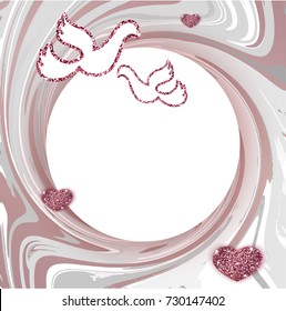 Geometric wedding invitation, marble texture, background in trendy minimalistic style, pigeon silhouette, granite, gold rose glitter, frame, vector fashion wallpaper,  poster, cover