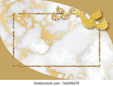 Geometric wedding invitation, marble texture, background in trendy minimalistic style, pigeon silhouette, granite, gold glitter, frame, vector fashion wallpaper, poster, cover
