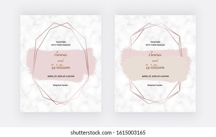 Geometric wedding invitation with polygonal frames and brush stroke shapes on the marble texture. Modern backgrounds for banner, flyer, invitation.