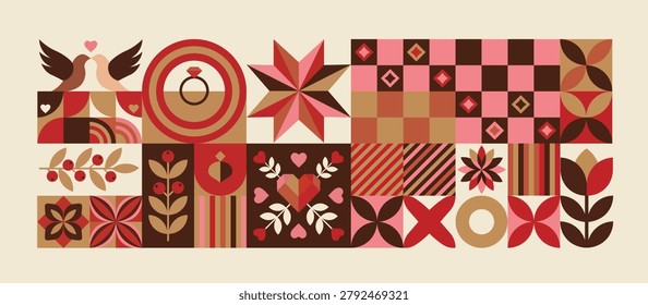 Geometric wedding and Valentine seamless pattern banner with romantic elements, hearts, birds, and rings. Scandinavian folk art style vector background.