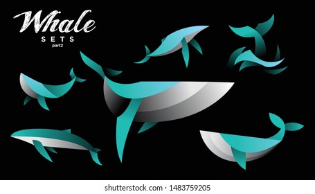 geometric whale design vector set , combined aqua little bit white  color in black background. change able color and work well in both dark and light background
