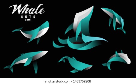 geometric whale design vector set , combined aqua little bit white  color in black background. change able color and work well in both dark and light background