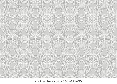 Geometric white background, tribal cover design, ethnic banner. Embossed openwork 3D pattern. Relief texture. Ornaments, arabesques, mandala of the East, Asia, India, Mexico, Aztec, Peru.