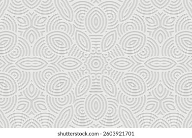 Geometric white background, tribal cover design, ethnic banner for design. Embossed abstract 3d pattern. Relief texture. Ornaments, arabesques, mandala of the East, Asia, India, Mexico, Aztec, Peru.