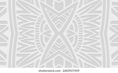Geometric white background, tribal cover design, ethnic banner for design. Embossed creative 3D pattern. Relief texture. Ornaments, arabesques, mandala of the East, Asia, India, Mexico, Aztec, Peru.
