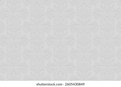 Geometric white background, tribal cover design, banner for design. Embossed abstract 3D pattern, art deco. Relief ornaments, arabesques, mandala. Ethnicity of the East, Asia, India, Mexico, Aztec.