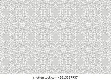 Geometric white background, tribal cover design, banner for design. Ethnic elegant 3D pattern, art deco. Relief ornaments, arabesques, mandala. Motives of the East, Asia, India, Mexico, Aztec, Peru.