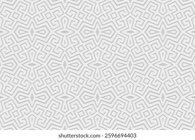 Geometric white background, tribal design cover, banner. Greek 3d pattern, meander. Embossing, relief texture. Ornaments of the East, Asia, India, Mexico, Aztec, Peru. Ethnic composition.