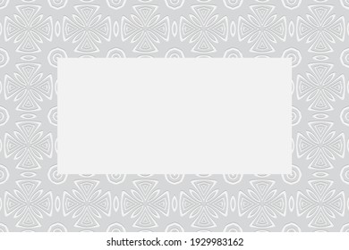 Geometrischer weißer Hintergrund. Volumetrische Zusammensetzung eines ethnischen Relief. Rahmen für Text, Werbung. 3D-Effekt der konvexen Form für die Präsentation.