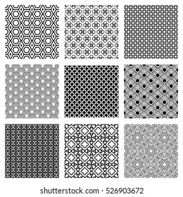 Geometric white and black patterns set. Vector illustration.