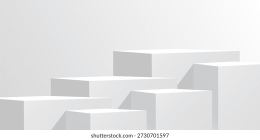 Geometric white blocks. Minimalist white cubes podium. Product display pedestal. Stepped platform mockup. Clean studio stage. 3D product showcase. Vector presentation stand. 
