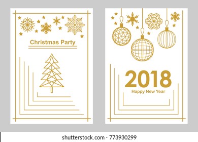 Geometric white and golden Merry Christmas and Happy New Year cards. Snowflakes, fir tree, festive decorations. Simple linear design for cards, invitations, banners and posters.