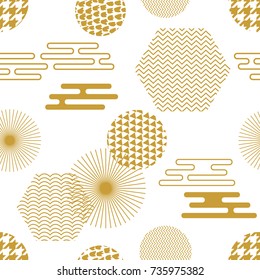 Geometric white and golden oriental print. Seamless vector pattern with Japanese, Chinese and Korean motifs. Abstract background with circles, hexagons. Composition for textile design, cards.