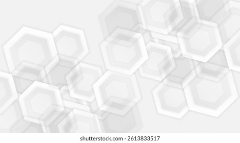 Geometric white and grey gradient background with heksagonal shape, light overlay and shadow, vector illustration.