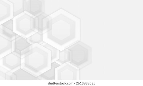 Geometric white and grey gradient background with heksagonal shape, light overlay and shadow, vector illustration.