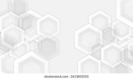 Geometric white and grey gradient background with heksagonal shape, light overlay and shadow, vector illustration.
