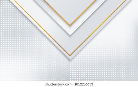 Geometric white and grey shapes gradient background. Halftone dots vector design with gold lines.