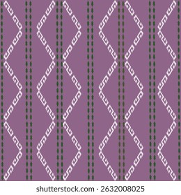 Geometric white icat continuous fabric pattern on purple background.