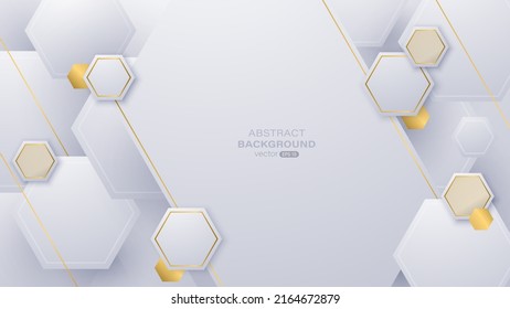 Geometric white luxury background with hexagon shape and golden lines. Vector illustration