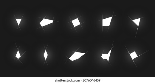 Geometric white polygonal glowing shapes with auxiliary strokes isolated on black background. Minimalist design elements for poster, banner, placard, Metroidvania games, etc. Vector illustration.