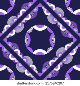 Geometric white purple seamless pattern on dark blue background for textile design fabric, wrapping paper, wallpaper, print for fabric, scarves, shawl, hijab, squared pattern. Vector illustration