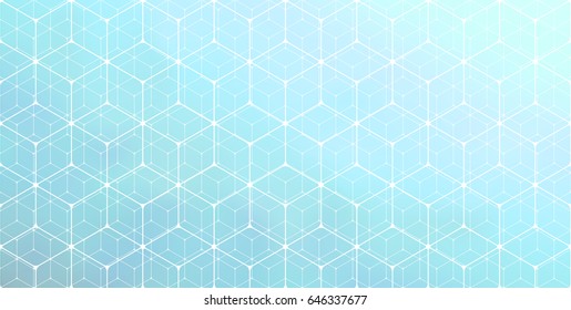 Geometric white stroke pattern. Vector abstract gradient background. Modern texture. Cyan, turquoise colors. Necker cube.