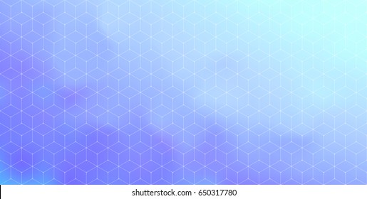 Geometric white stroke pattern. Vector abstract gradient background. Modern texture. Cyan, blue, pink colors. Necker cube. Isometric. Polygonal backdrop.