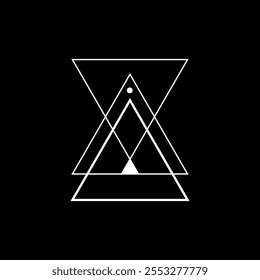 Geometric white triangle with minimalistic lines and masonic elements, suitable for mystical art and spiritual rituals. Inspired by sacred geometry.