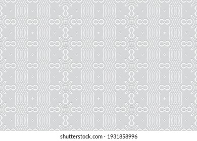 Geometric white vertical wallpaper. Background with a volumetric composition with a 3D effect of a convex shape for design, decor. Ethnic embossed pattern.