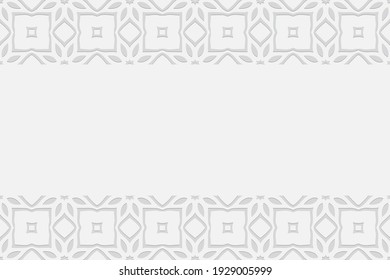 Geometric white volumetric background from a relief ethnic artistic pattern in the style of oriental peoples. Horizontal inserts. 3D effect of convex shape for wallpaper, presentations.