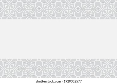 Geometric white volumetric background from a relief ethnic pattern in the style of Africa, India. Horizontal inserts. 3D convex shape effect for wallpaper, web design, presentations.