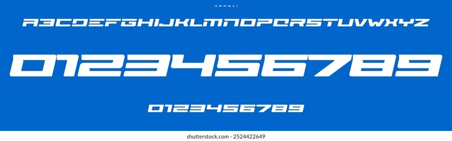 Geometric wide bold font, sharp angular numbers and letters, dynamic numbers, perfect for sports branding, jersey numbers, team merchandise. Vector typeset