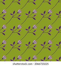 Geometrische Wildblume, nahtloses Muster auf grünem Hintergrund. Elegantes Blumendekor. Abstraktes botanisches Design. Naturhintergrund. Für Gewebe, Stoffdruck, Umhüllung, Deckel. Vektorgrafik