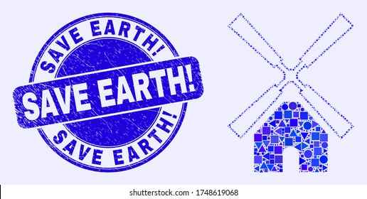 Geometric windmill mosaic icon and Save Earth! seal stamp. Blue vector rounded scratched stamp with Save Earth! caption. Abstract mosaic of windmill organized of circle, tringle,